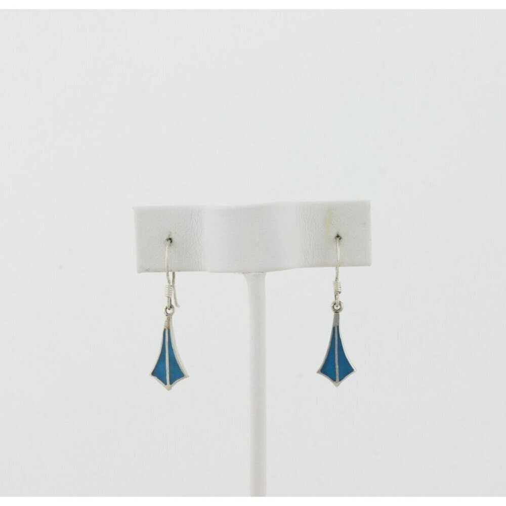 Sterling Silver Inlay Turquoise Earrings Dangle Drop 1 1/4" x 1/4" - Picture 3 of 8